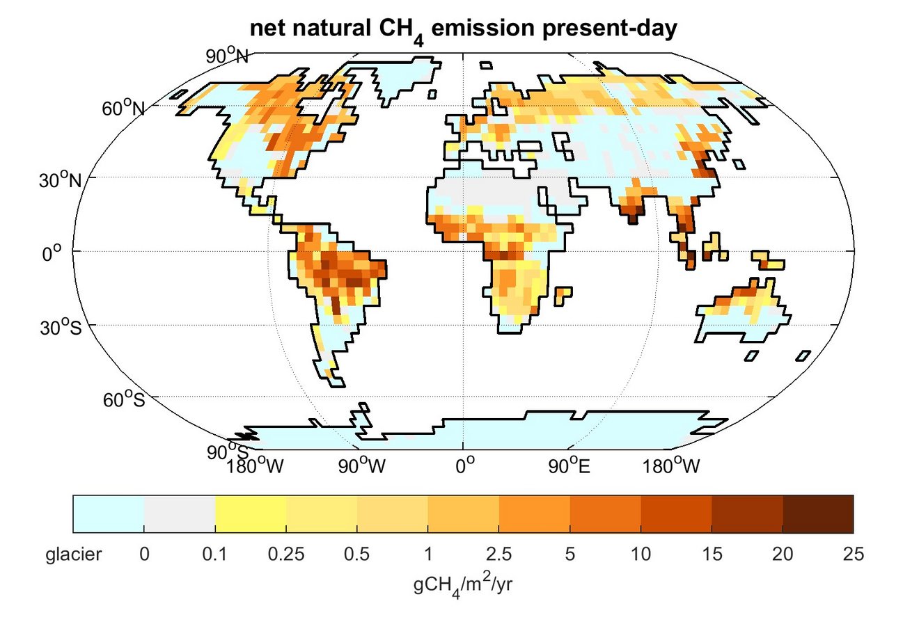 Abbildung: Natürliche Nettoemissionen von Methan im heutigen Klima.