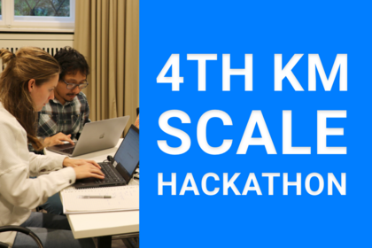 Woman and man working on 2 laptops, text on the right: "4th km scale hackathon" Text: "4th km scale hackathon"