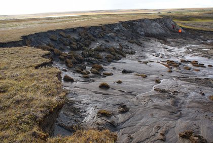 Fotografie eines auftauenden Permafrostgebiets in Sibirien. Die Landschaft zeigt eine Abbruchkante mit abgerutschten Erd- und Torfschollen sowie Schlammmassen, die hangabwärts fließen. Im Hintergrund sind zwei Personen in leuchtender Kleidung zu sehen, die das Gelände untersuchen. Die Umgebung ist flach und tundraartig, mit spärlicher Vegetation.