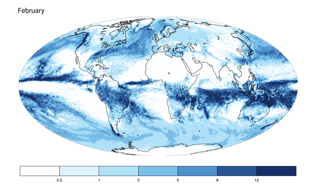 Weltkarte: Monatlicher mittlerer Niederschlag aus einer gekoppelten globalen Simulation mit einem Gitterabstand von 5 km. 