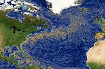 Momentaufnahme der Meeresströmungen in 72 m Tiefe in einer ICON-O 5 km-Simulation. 