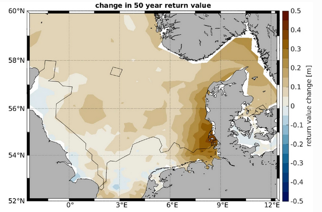 Abbidung: Simulierte Veränderung der Sturmfluthöhe einer statistisch alle 50 Jahre erwarteten Sturmflut relativ zum jeweiligen mittleren Meeresspiegel.