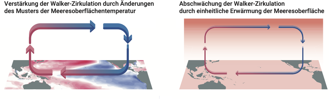 Grafische Darstellung der Verstärkung (links) und Abschwächung (rechts) der Walker-Zirkulation, mit deutscher Beschriftung