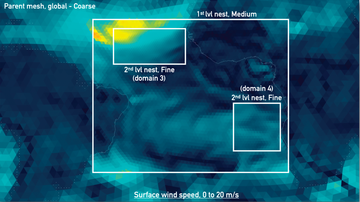 ICON simulation of the surface wind speed in the Atlantic, indicated by the color from blue to orange, and with three marked areas.