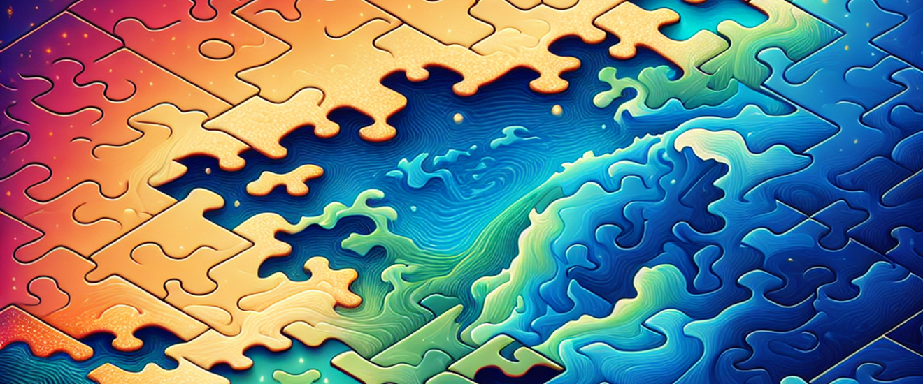 AI generated using OpenAI/ChatGPT 4.0, provided by Moritz Günther Das Bild zeigt ein Puzzle mit einem Farbverlauf von rot über gelb und grün nach blau. Die Ränder der Puzzleteile verschwimmen manchmal zu Wellen, in der Mitte ist das Puzzle durch Wellen unterbrochen.