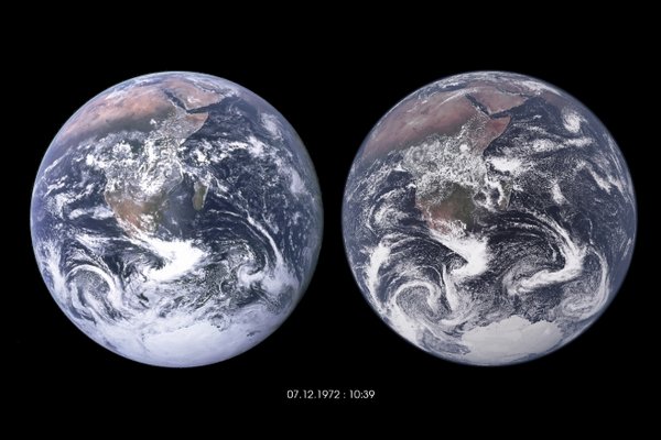 2 Bilder der Erde wie aus dem Weltraum gesehen mit schwarzem Hintergrund