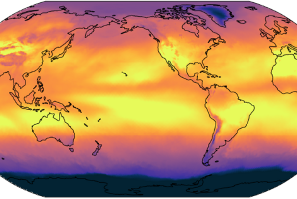 Schematic representation of the Earth with radiation intensity marked by different levels of red
