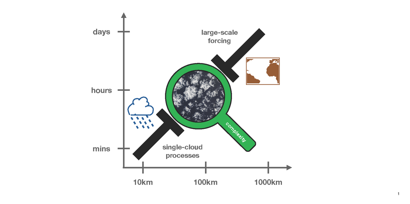 Schematic representation with satellite image under a magnifying glass, showing that clouds organize themselves in distinctive patterns.