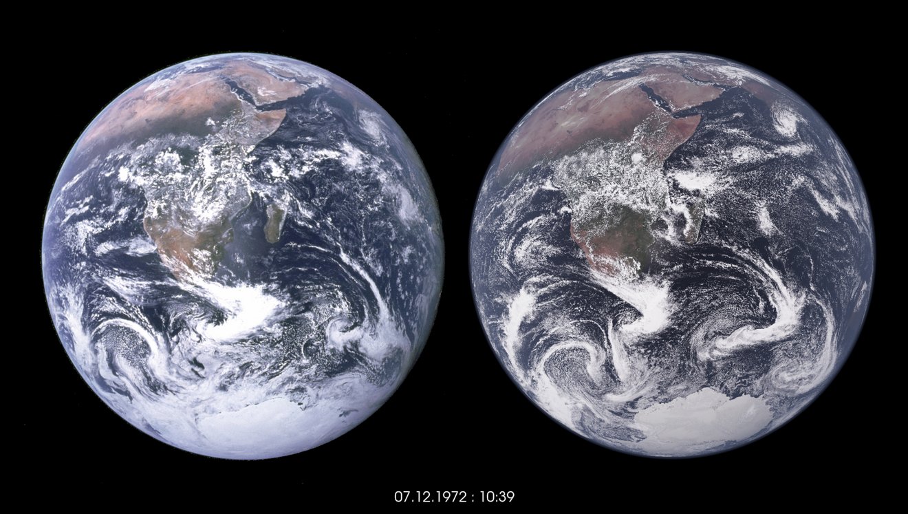Original NASA Blue Marble-Foto links, Visualisierung rechts. Credit: MPI-M, DKRZ, NVIDIA