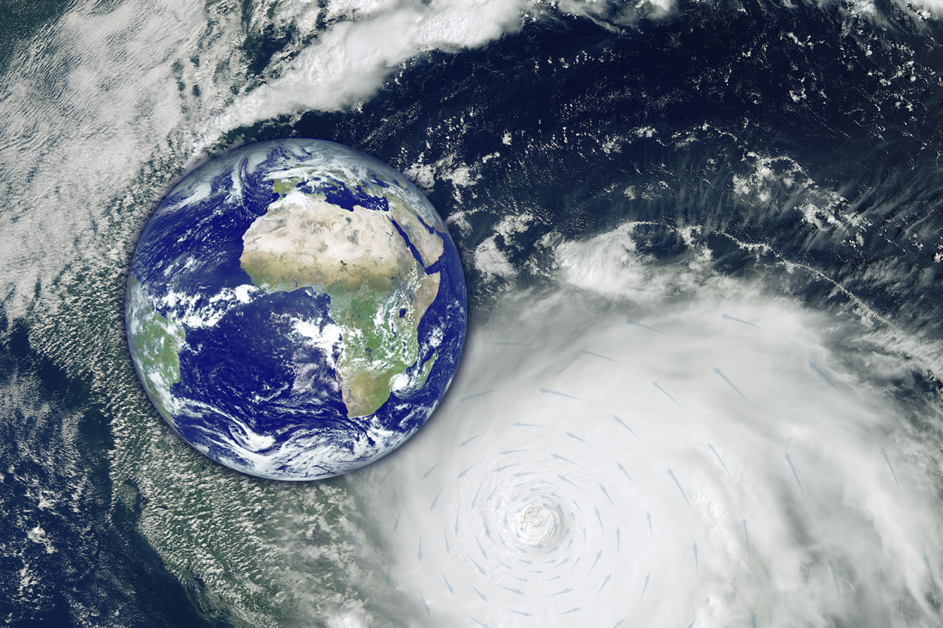 Satellite image of a massive cyclone over the ocean with an inset image of Earth on the left, centered on Africa. The logo of the European Space Agency (ESA) appears in the top right corner.