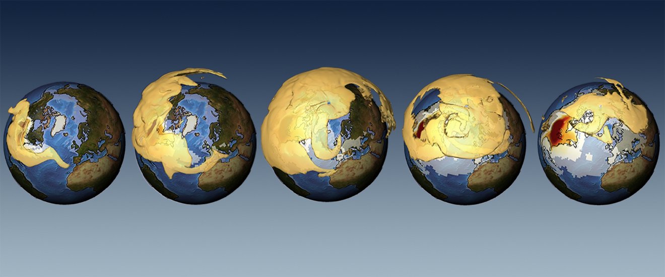 Die Abbildung zeigt die Ausbreitung einer Vulkanwolke in der Stratosphäre in den ersten Tagen nach einem Vulkanausbruch.