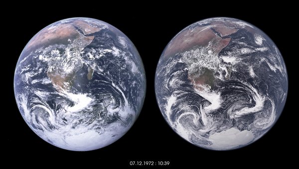 Foto der während der Apollo-Mission 1972  aufgenommen Blue Marble und die Visualisierung der ICON-Simulation für diesen Tag.