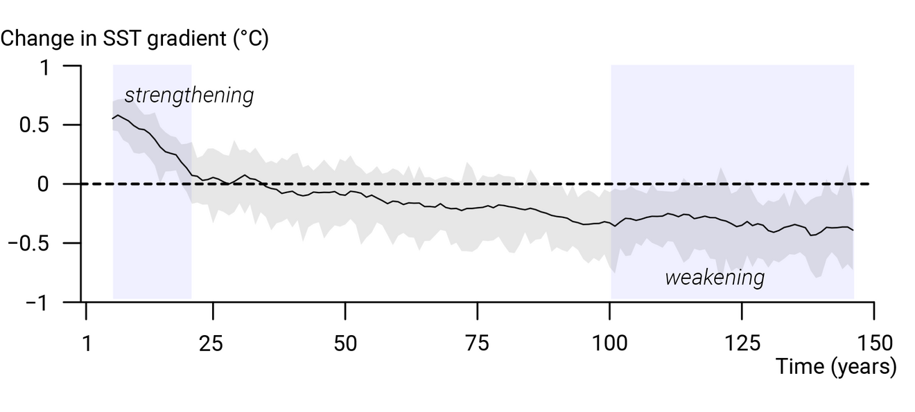 Graph showing time on the horizontal axis, running from 1 to 150 years, and the change in SST gradient in the unit of °C from -1 to 1. A dashed line shows zero change. A curve, underlain by shading, drops from about 0.5 to zero in about 30 years, then continues to drop below the zero line for the rest of the time displayed. The beginning of the curve is overwritten by “strengthening” above the zero line, the end of the curve is annotated with “weakening” below the zero line.