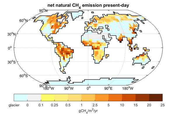 Figure: Natural net emissions of methane in the present-day climate.