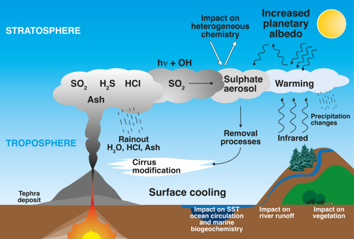 Description of the processes following an input of sulfur dioxide (SO2) into the stratosphere after a volcanic eruption. SO2 is oxidized by OH to sulfuric acid, which then forms small aerosols. These scatter sunlight, increasing the planetary albedo. This decreases the temperature on the Earth's surface. At the same time, the sulfate aerosols absorb terrestrial radiation, which warms the sulfur layer and affects dynamic processes.