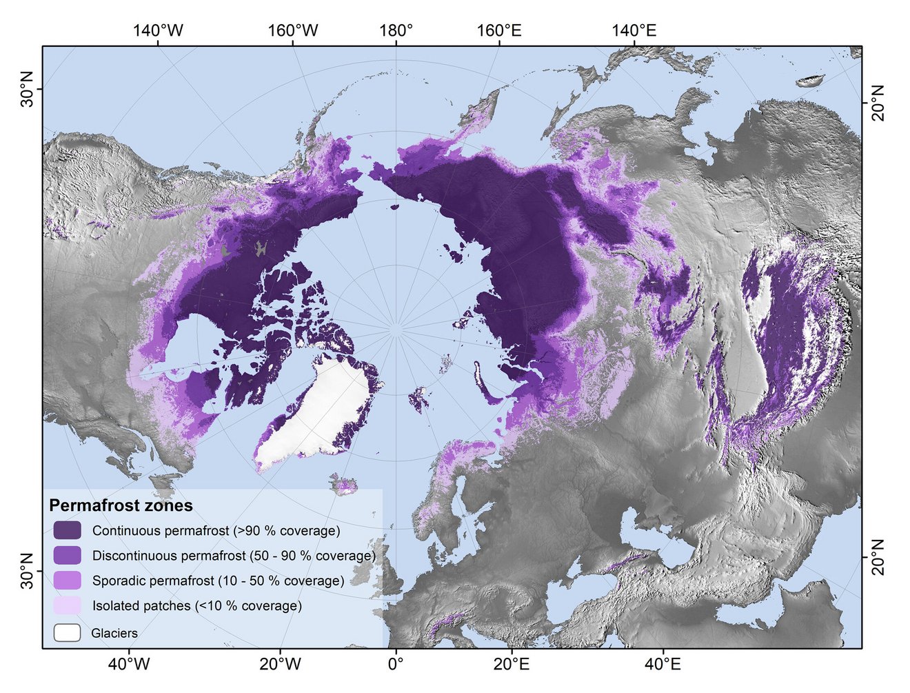 Karte der Arktis. Verschiedene Permafrostzonen sind farblich gekennzeichnet: Dunkellila für kontinuierlichen Permafrost (>90 % Abdeckung), etwas helleres Lila für diskontinuierlichen Permafrost (50–90 % Abdeckung), helles Lila für sporadischen Permafrost (10–50 % Abdeckung) und sehr helles Lila für isolierte Permafrostbereiche (<10 % Abdeckung). Weiße Flächen zeigen Gletscher an. 