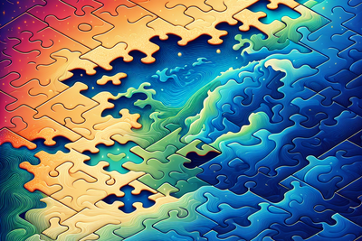 AI generated using OpenAI/ChatGPT 4.0, provided by Moritz Günther Das Bild zeigt ein Puzzle mit einem Farbverlauf von rot über gelb und grün nach blau. Die Ränder der Puzzleteile verschwimmen manchmal zu Wellen, in der Mitte ist das Puzzle durch Wellen unterbrochen.