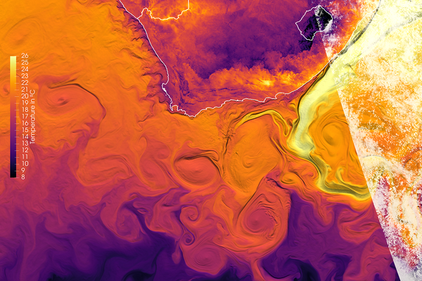 Abbildung: Globale 1,2 km ICON-ESM-Simulation mit Zoom auf den Agulhasstrom