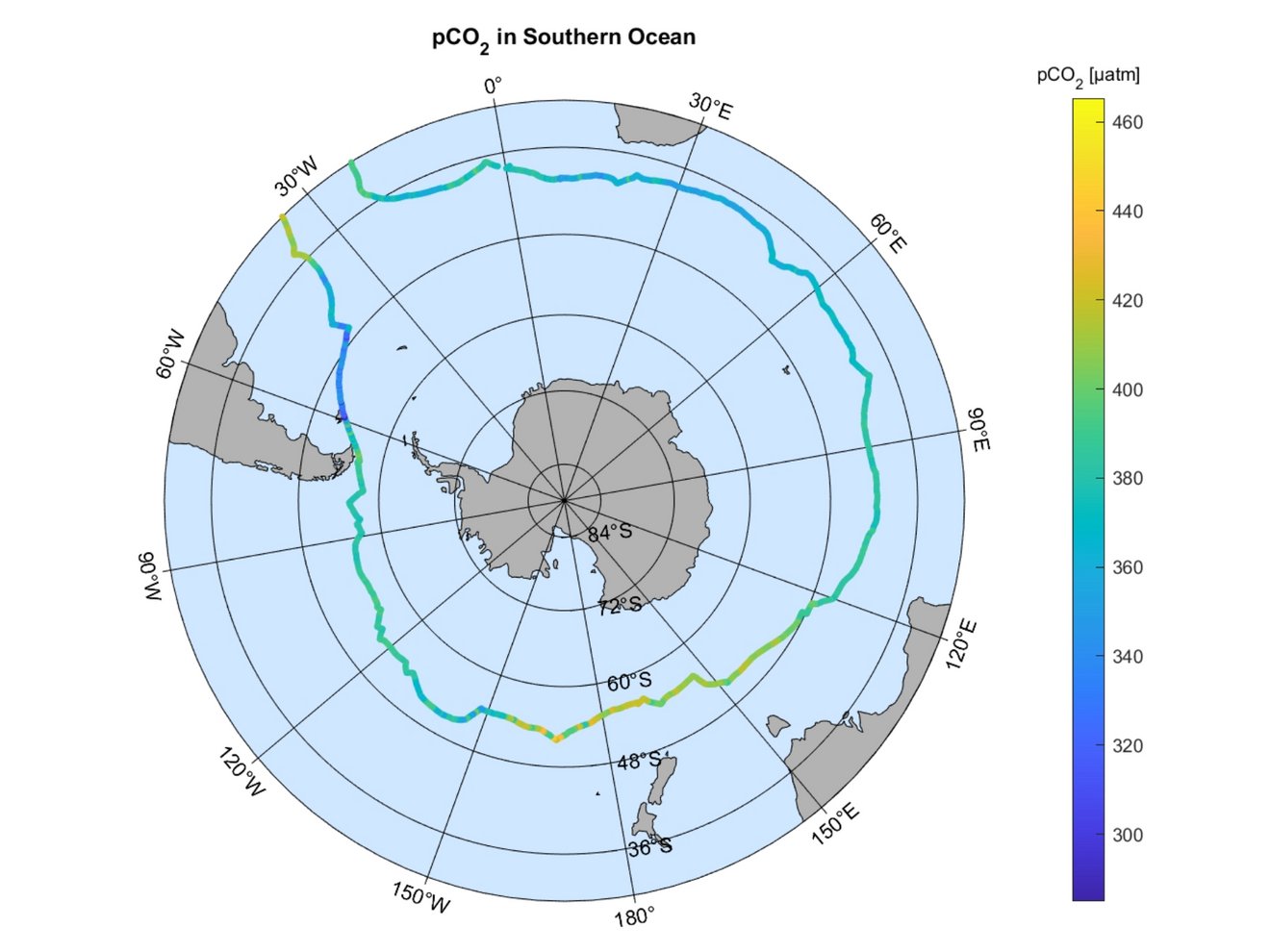 Grafik mit den Messungen des pCO2 an der Meeresoberfläche im Südlichen Ozean zwischen November 2020 und Januar 2021