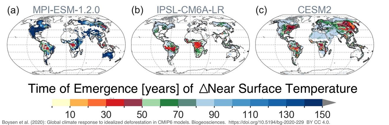 Figure 1. Time of emergence (years) of changes in annual air surface temperature in the ensemble of idealized deforestation experiments in three Earth System Models