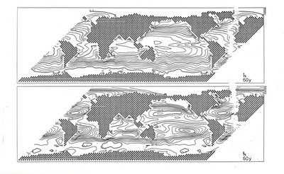 Grafik von Temperatur und Salzgehalt im Ozean, berechnet mit dem LSG-Modell nach 60 Jahren Integration. 