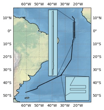 Karte, die die Ostküste Südamerikas und den Atlantik zeigt. Von unten links nach oben rechts verläuft eine schwarze Linie, zwei Boxen zeigen Details des Verlaufs.