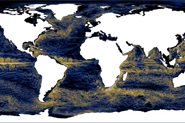 Visualisierung der Meeresströmungen in 100 m Tiefe. Weltweit sieht man zahlreiche Gebiete, in denen sich Ozeanwirbel bilden. 