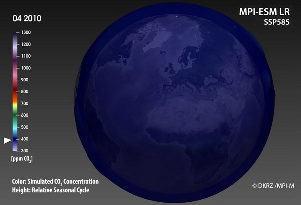Still picture of a visualization showing the evolution of atmospheric CO2 concentration in a MPI-ESM simulation