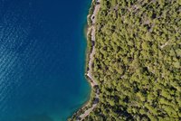 Fotografie einer Küste von oben. Das blaue Meer und ein grüner Wald bilden einen eindrucksvollen Kontrast.