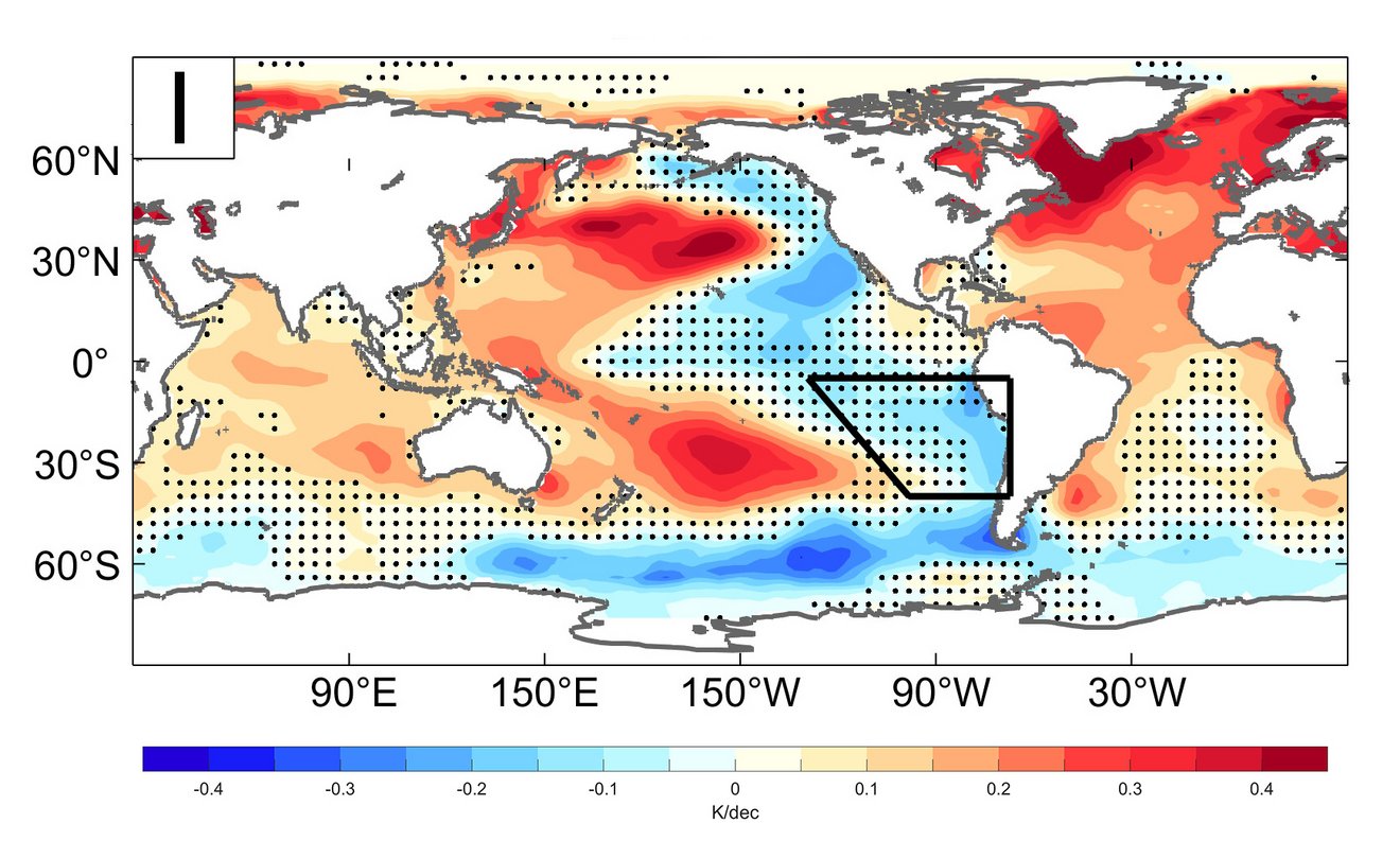 Figure: Annual-mean sea surface temperature trends between 1979 and 2013 in the observational dataset ERSSTv5. 