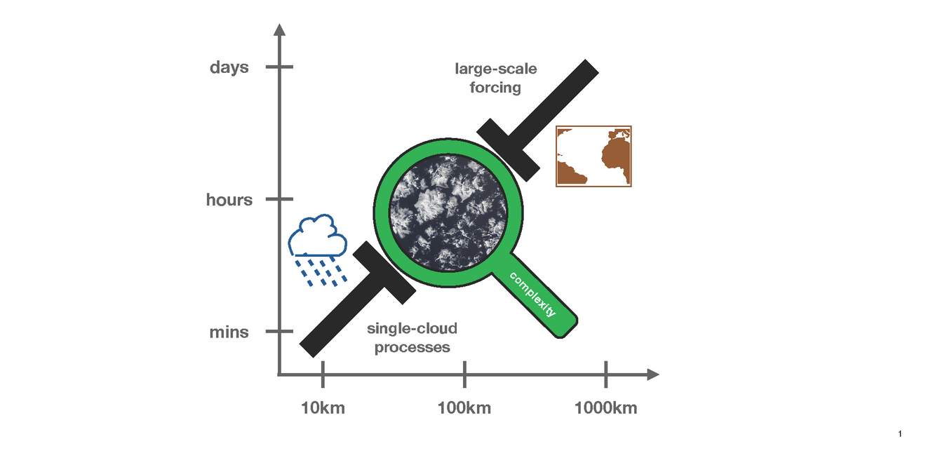 Schematische Darstellung mit Satellitenbild unter einer Lupe, die zeigt, dass sich Wolken in auffälligen Mustern organisieren.