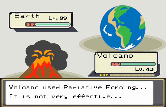 Volcano and Earth in the style of a pokemon battle screen. Text says: Volcano uses effective forcing. It is not very effective.